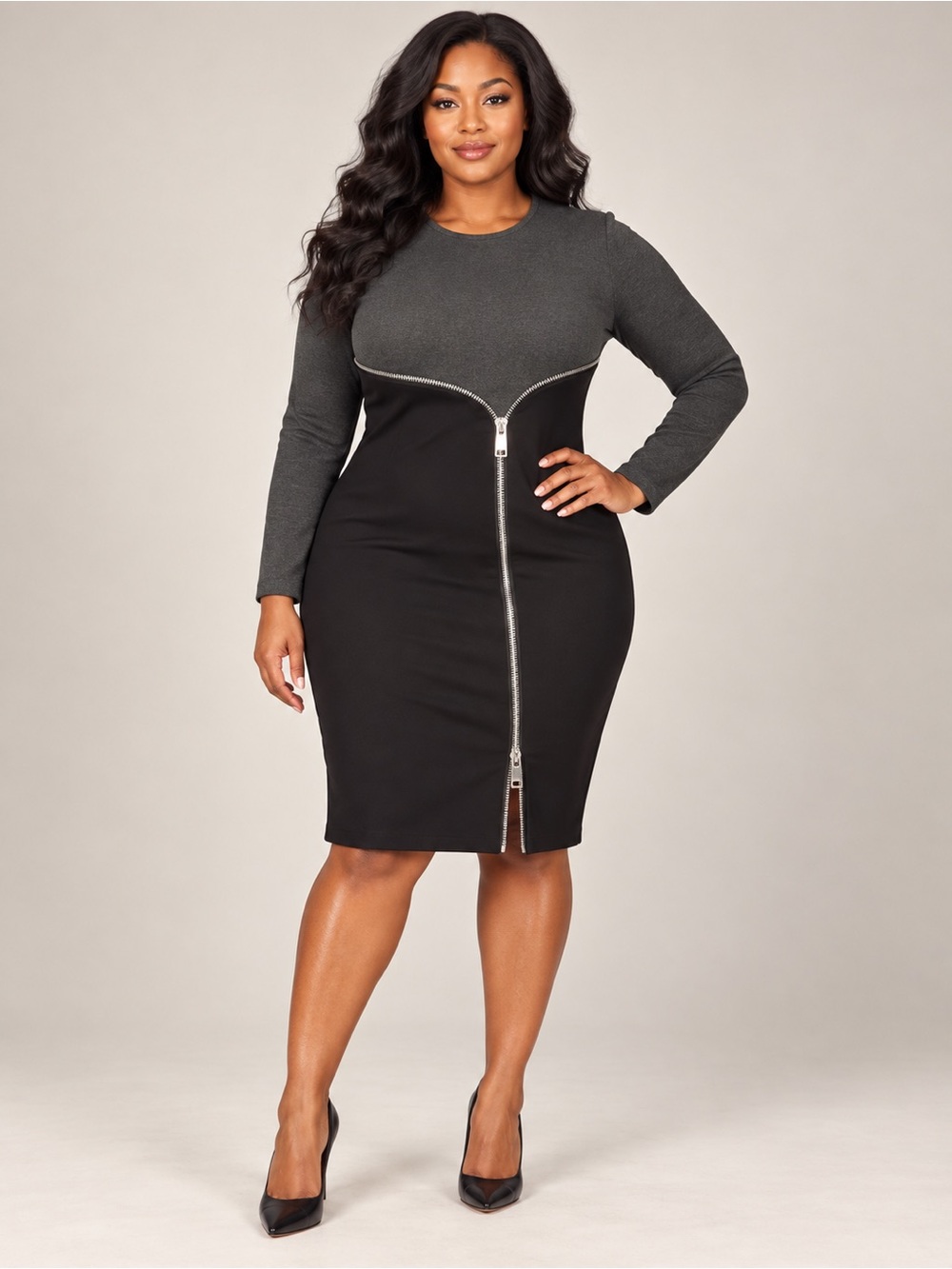 Gilli Two-Tone Gray and Black Zip-Front Midi Dress
